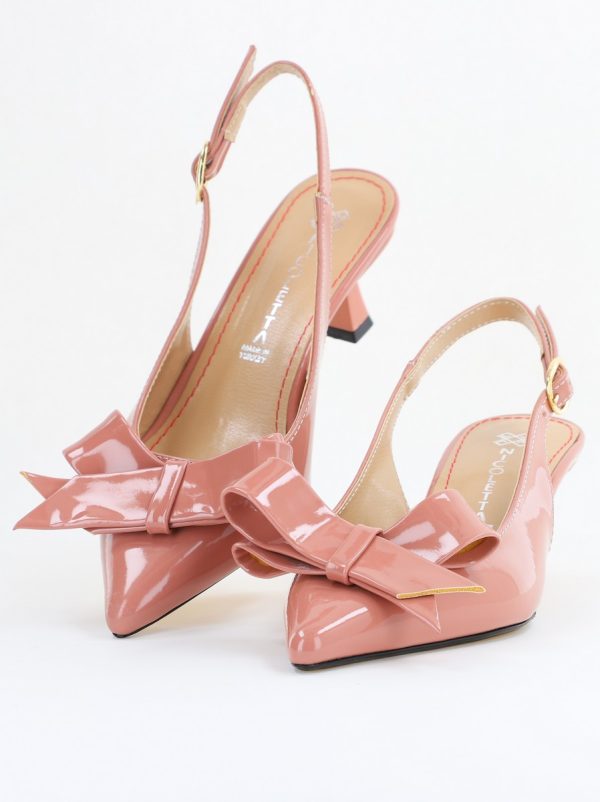 Pantofi damă cu toc subțire roz din piele ecologică cu fundiță Nicoletta BS225AY2503248 122