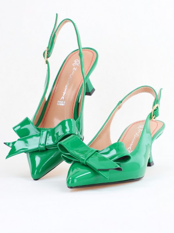 Pantofi damă cu toc subțire verde din piele ecologică cu fundiță Nicoletta BS225AY2503251 122