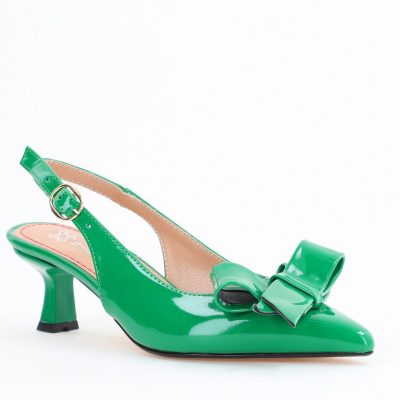 Pantofi damă cu toc subțire verde din piele ecologică cu fundiță Nicoletta BS225AY2503251