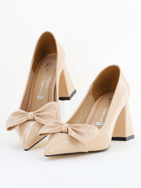 Pantofi damă cu toc bej lac din piele ecologică cu fundiță Nicoletta BS316AY2504298 119