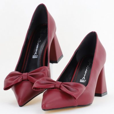 Pantofi damă cu toc bordo din piele ecologică cu fundiță Nicoletta BS316AY2504293