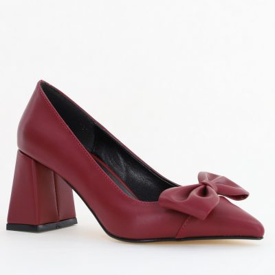 Pantofi damă cu toc bordo din piele ecologică cu fundiță Nicoletta BS316AY2504293