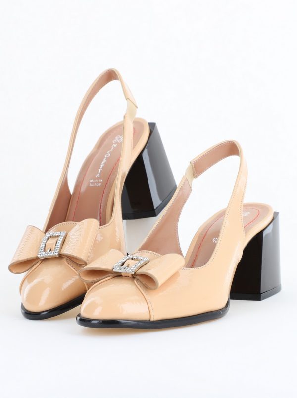 Pantofi damă cu Toc Eleganti Decupați cu Fundiță din Piele Ecologica culoare Bej lac - BS662AY2504275 119