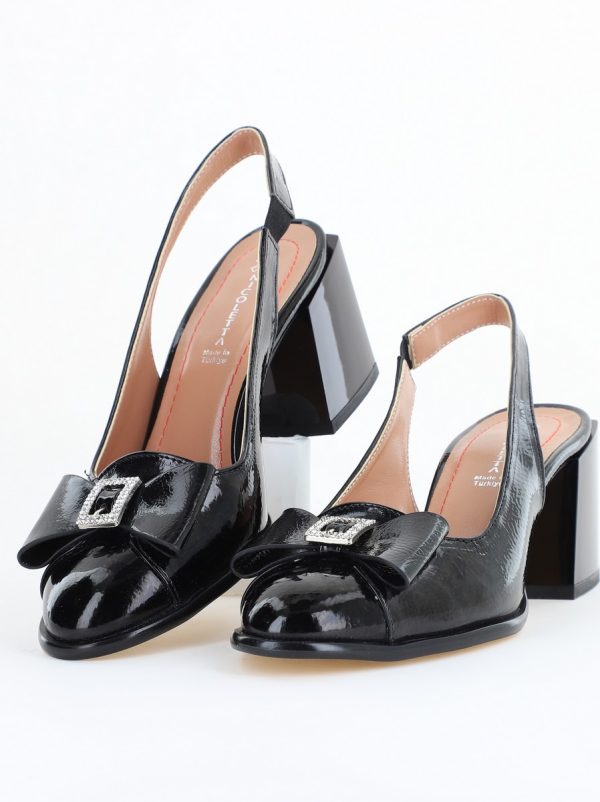 Pantofi Damă cu Toc Eleganti Decupați cu Fundiță din Piele Ecologica culoare Negru lac - BS662AY2504277 119