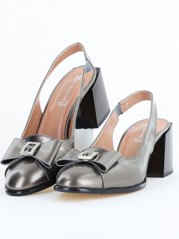 Pantofi damă cu Toc Eleganti Decupați cu Fundiță din Piele Ecologica culoare Platină lac - BS662AY2504276 119