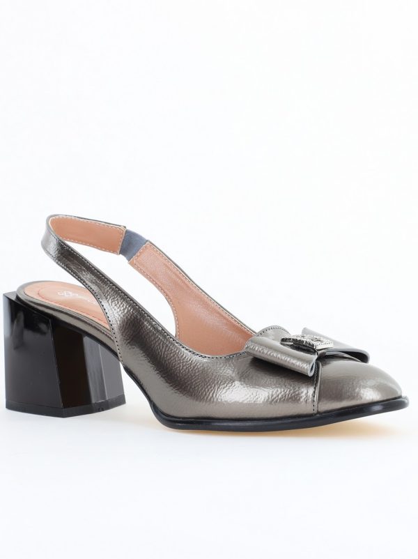 Noutăți - Pantofi damă cu Toc Eleganti Decupați cu Fundiță din Piele Ecologica culoare Platină lac - BS662AY2504276