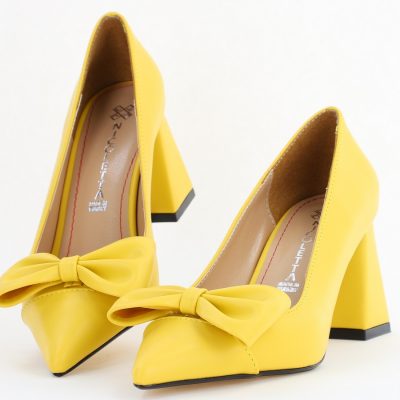 Pantofi damă cu toc galben din piele ecologică cu fundiță Nicoletta BS316AY2504296