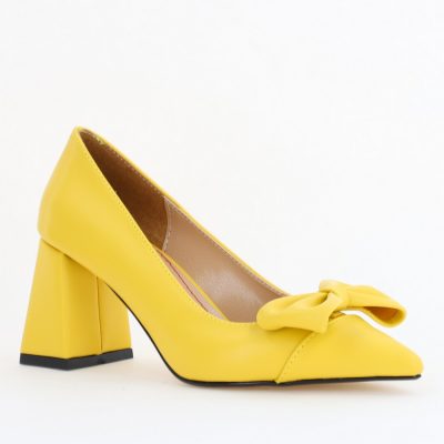 Pantofi damă cu toc galben din piele ecologică cu fundiță Nicoletta BS316AY2504296