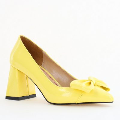 Pantofi damă cu toc galben lac din piele ecologică cu fundiță Nicoletta BS316AY2504297