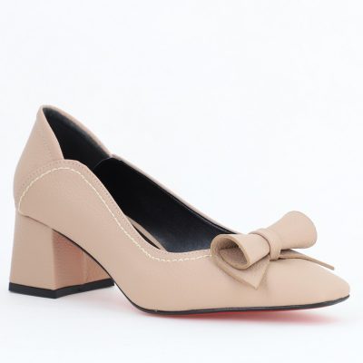 Pantofi Damă cu Toc Gros Bej Mat din Piele Ecologică Nicoletta BS810D2504286