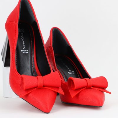Pantofi Damă cu Toc Gros Rosu Mat din Piele Ecologică Nicoletta BS2010D2504284