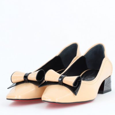 Pantofi Damă cu Toc Jos Bej cu fundiță din Piele Ecologică (BS510BA2504264)