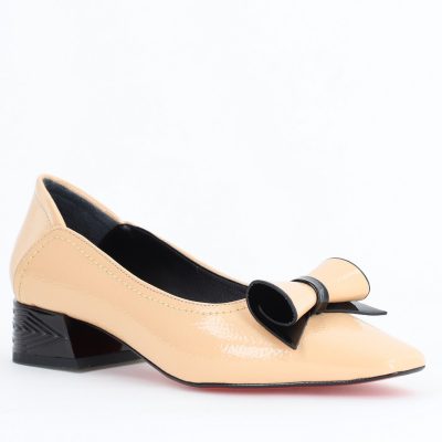 Pantofi Damă cu Toc Jos Bej cu fundiță din Piele Ecologică (BS510BA2504264)