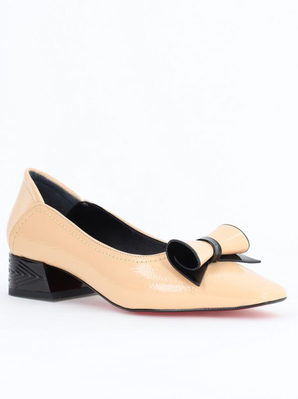 Incaltaminte Dama - Pantofi Damă cu Toc Jos Bej cu fundiță din Piele Ecologică (BS510BA2504264)