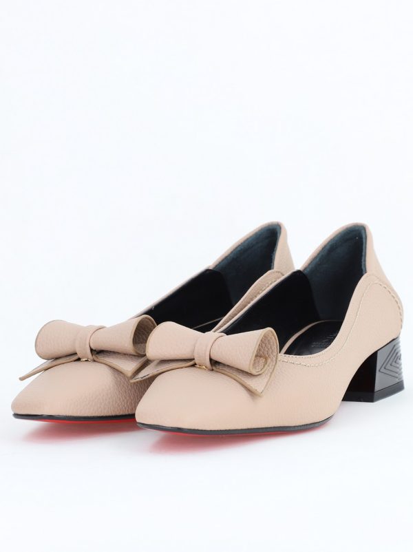pantofi dama cu toc jos bej cu fundita din piele ecologica bs510ba2504269 2