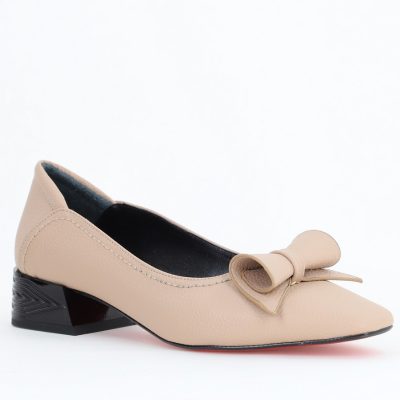 Pantofi Damă cu Toc Jos Bej Mat cu fundiță din Piele Ecologică (BS510BA2504269)