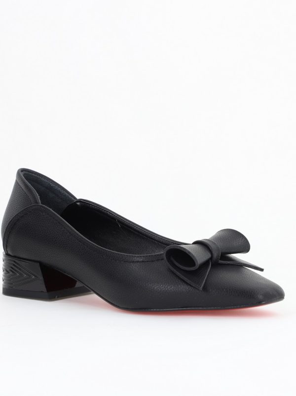 Incaltaminte Dama - Pantofi Damă cu Toc Jos Negru Mat cu fundiță din Piele Ecologică (BS510BA2504270)