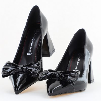 Pantofi damă cu toc negru lac din piele ecologică cu fundiță Nicoletta BS316AY2504301