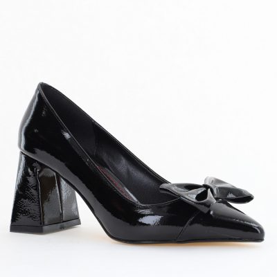 Pantofi damă cu toc negru lac din piele ecologică cu fundiță Nicoletta BS316AY2504301