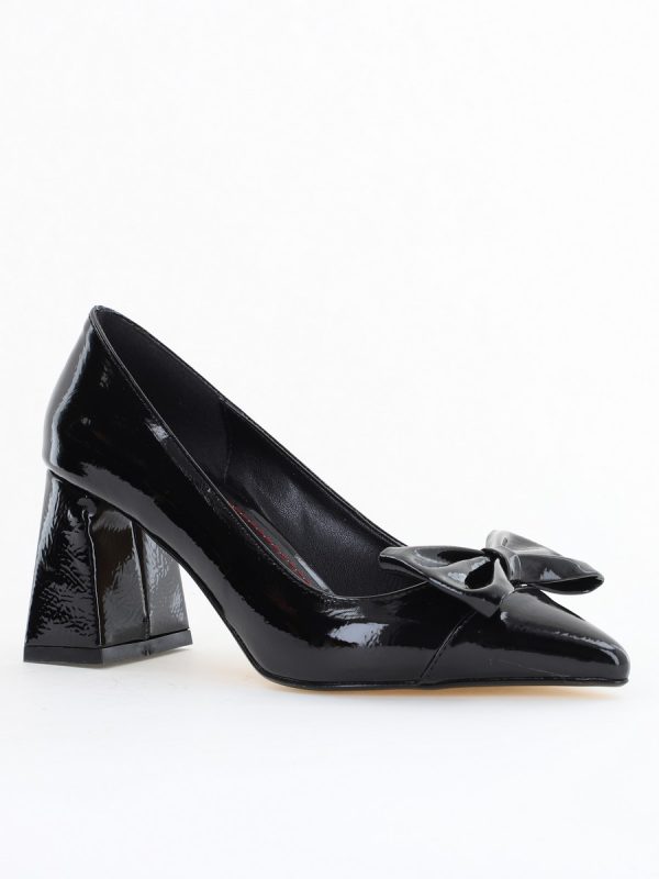 Incaltaminte Dama - Pantofi damă cu toc negru lac din piele ecologică cu fundiță Nicoletta BS316AY2504301