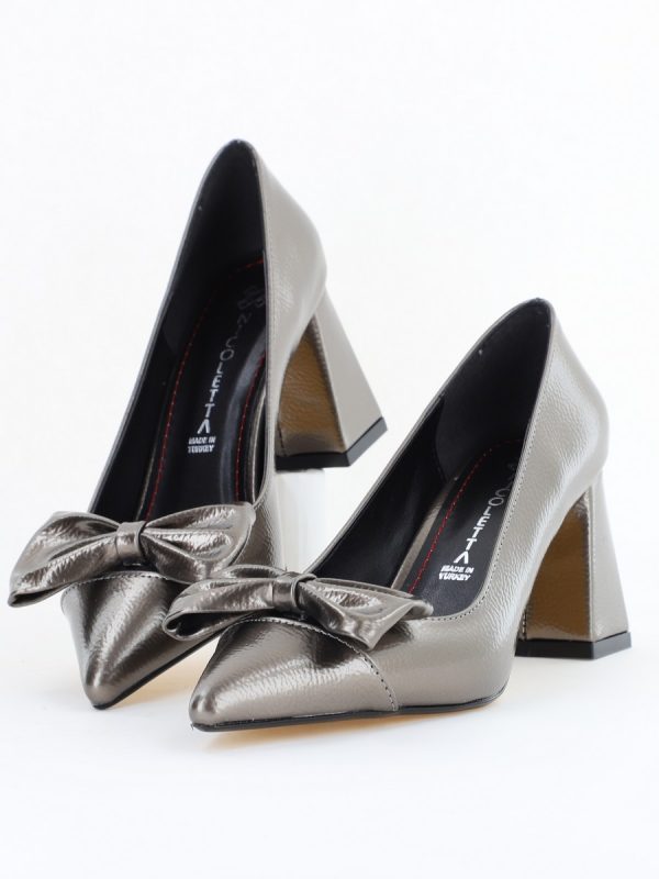 Pantofi damă cu toc platina lac din piele ecologică cu fundiță Nicoletta BS316AY2504300 119