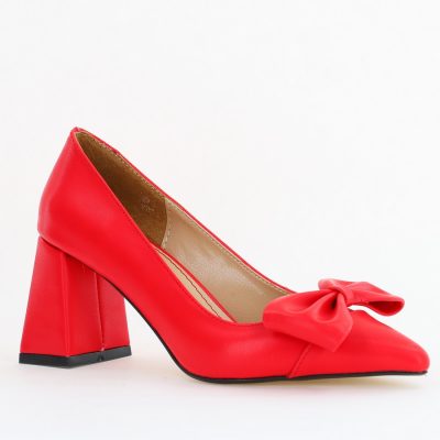 Pantofi damă cu toc roși din piele ecologică cu fundiță Nicoletta BS316AY2504295