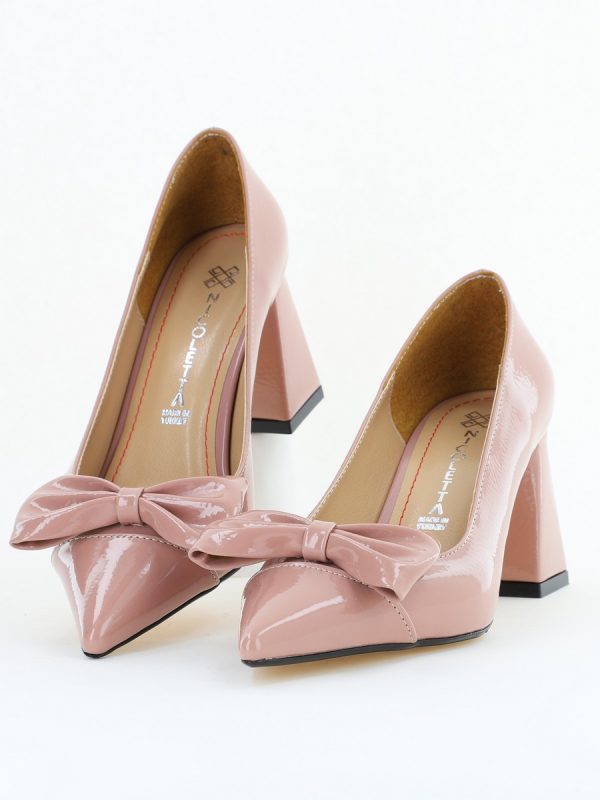 Pantofi damă cu toc roz lac din piele ecologică cu fundiță Nicoletta BS316AY2504299 119