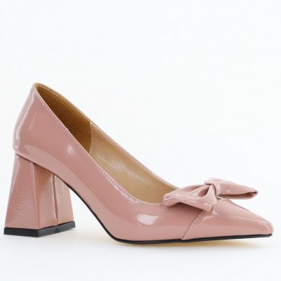 Pantofi damă cu toc roz lac din piele ecologică cu fundiță Nicoletta BS316AY2504299