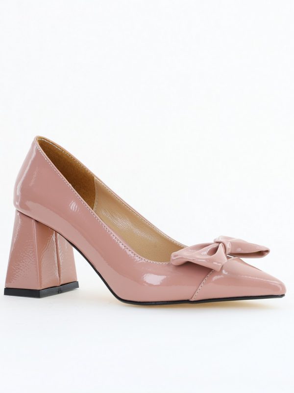 Incaltaminte Dama - Pantofi damă cu toc roz lac din piele ecologică cu fundiță Nicoletta BS316AY2504299